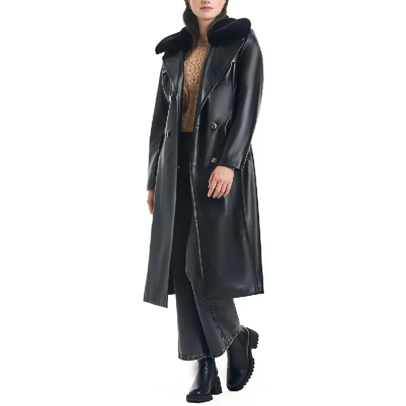 Womens Faux Leather Long Trench Coat