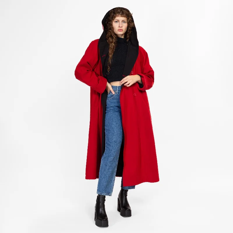 Large 90s Red Ultrasuede Hooded Trench Coat