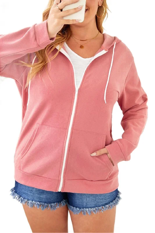 Plus Size Zip Up Hooded Jacket With Pocket