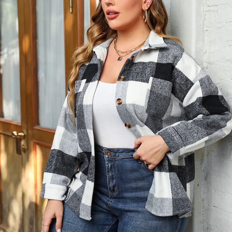 Plaid Casual Jackets Curvy Woolen Coats Wholesale Plus Size Clothing