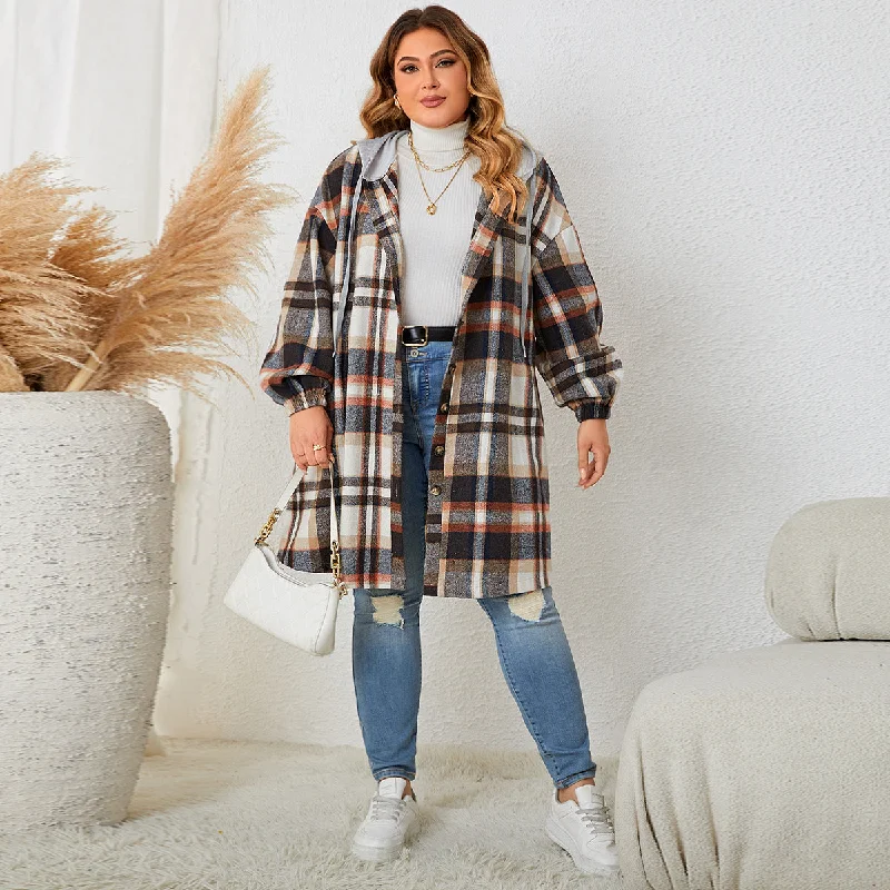 Plus Size Plaid Hooded Mid-Length Jackets Wholesale Womens Clothing N3824091200160