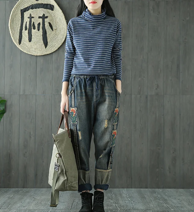 Striped High Collar Long Sleeves Knit T-Shirts Spring Tops H9508