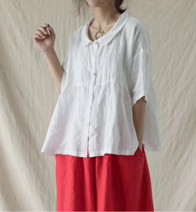 Women Linen Casual Summer Tops Women Blouse Loose Style Shirts H9505