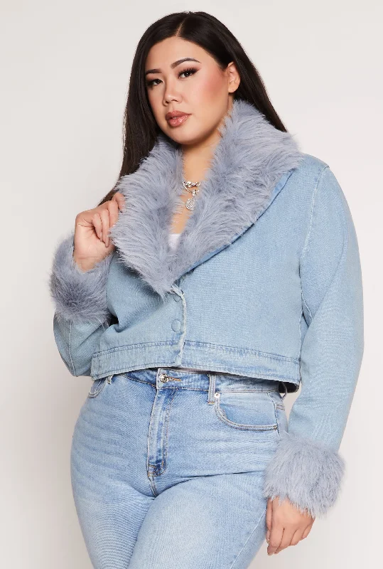 Plus Size Faux Fur Trim Jean Jacket