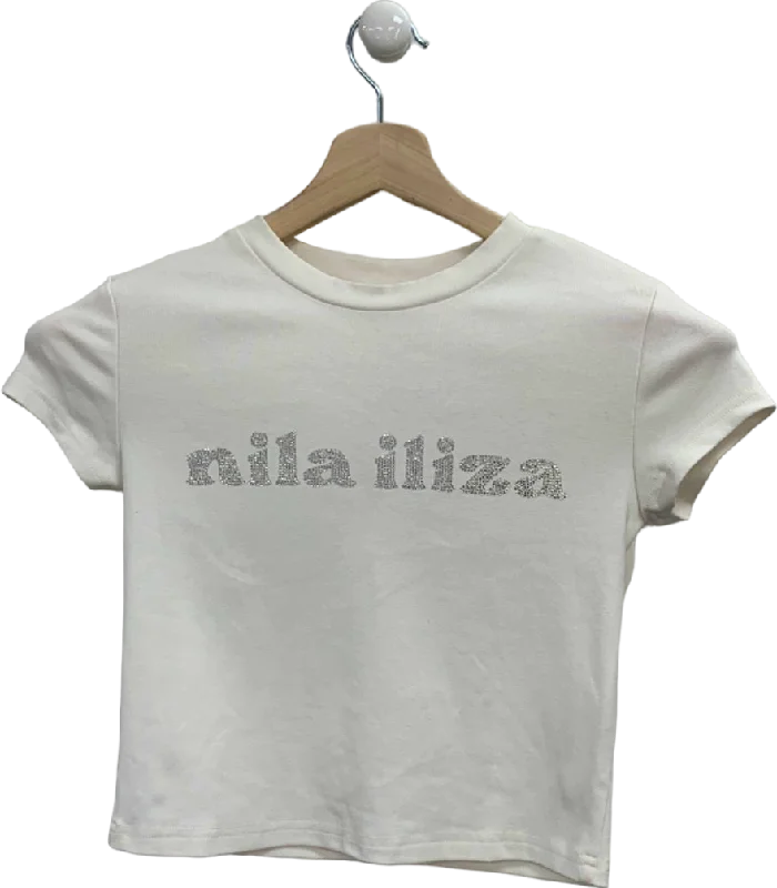 Nila Iliza White Rhinestone Logo T-Shirt UK S