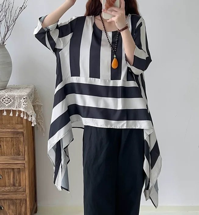 Summer Style Blouse, Striped Top Irregular T-shirt 2233