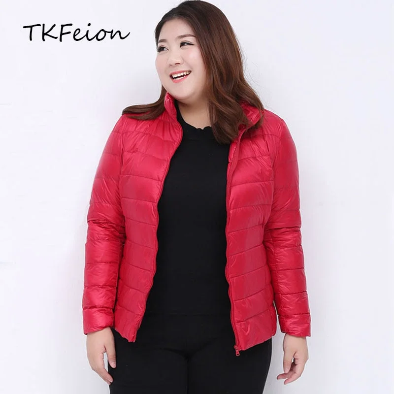 Womens Bomber Jacket Plus Size 3XL-7XL Light Ultra-thin Spring Autumn Female Slim Short Coat Warm Duck Down Filler Stand Collar