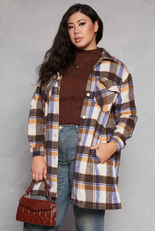 Plus Size Spoon Jeans Plaid Fleece Shacket