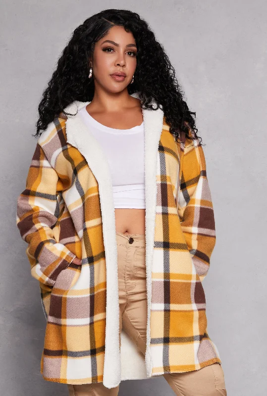 Plus Size Plaid Sherpa Lined Long Hooded Shacket